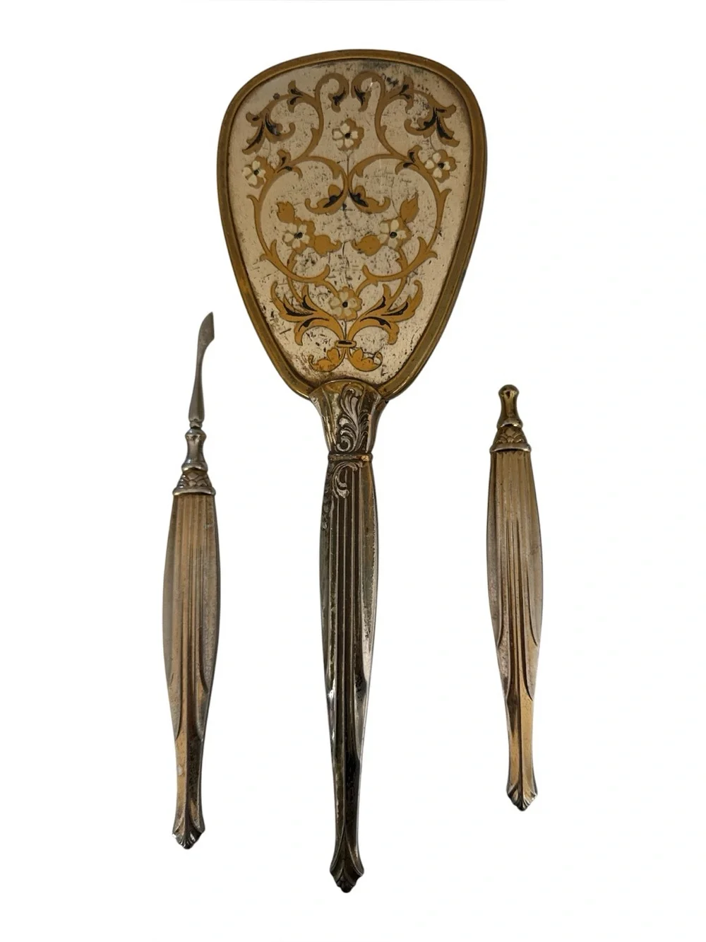 Vintage Vanity Brush Nail Tool Dresser Set Gold Floral Hollywood Regency‎
